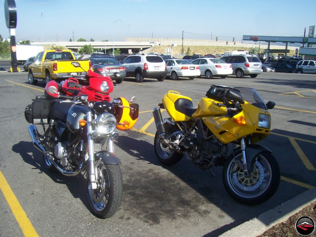 Ducati Sport Classic GT, Yellow Ducati 900 SuperSport and a Red Ducati Multistrada 1000DS parked for breakfast