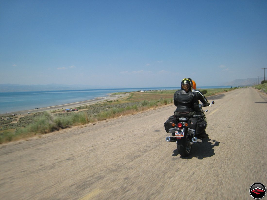 Motorcycle riding on Cisco Road along Bear Lake
