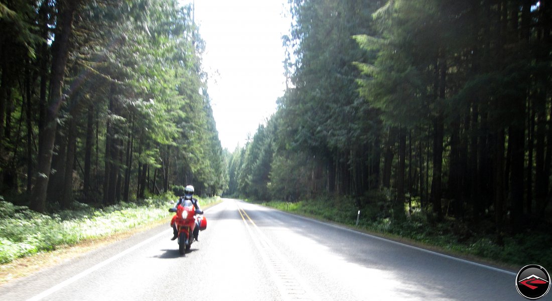 Ducati Multisrada 1100 Motorcycle riding Washington Highway S-26 through the trees