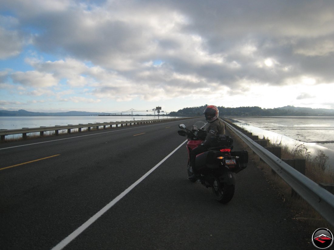 motorcyclist entering Astoria, Oregon