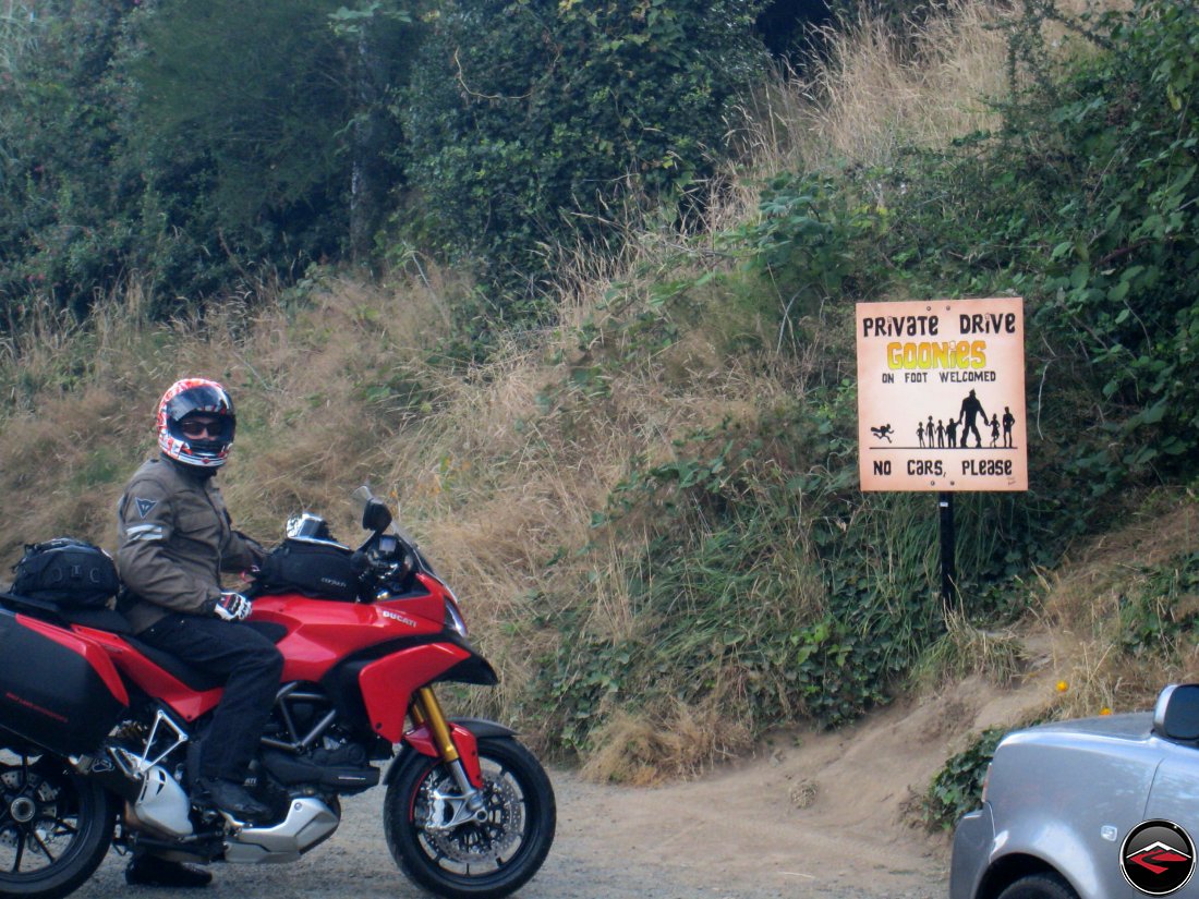 Ducati Multistrada 1200 Motorcycle visiting the Goonies House in Astoria, Oregon