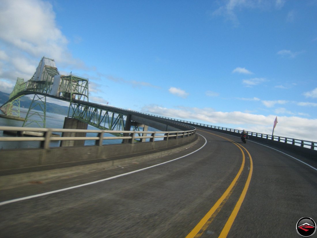 Riding motorcycles over the Meigler Bridge in Astoria, Oregon