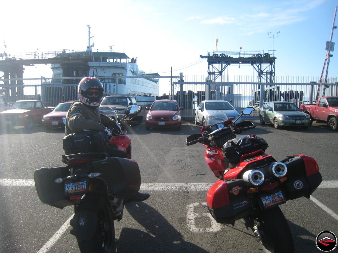 Motorcycles in queue to board a ferry boat in Port Townsend, Washington