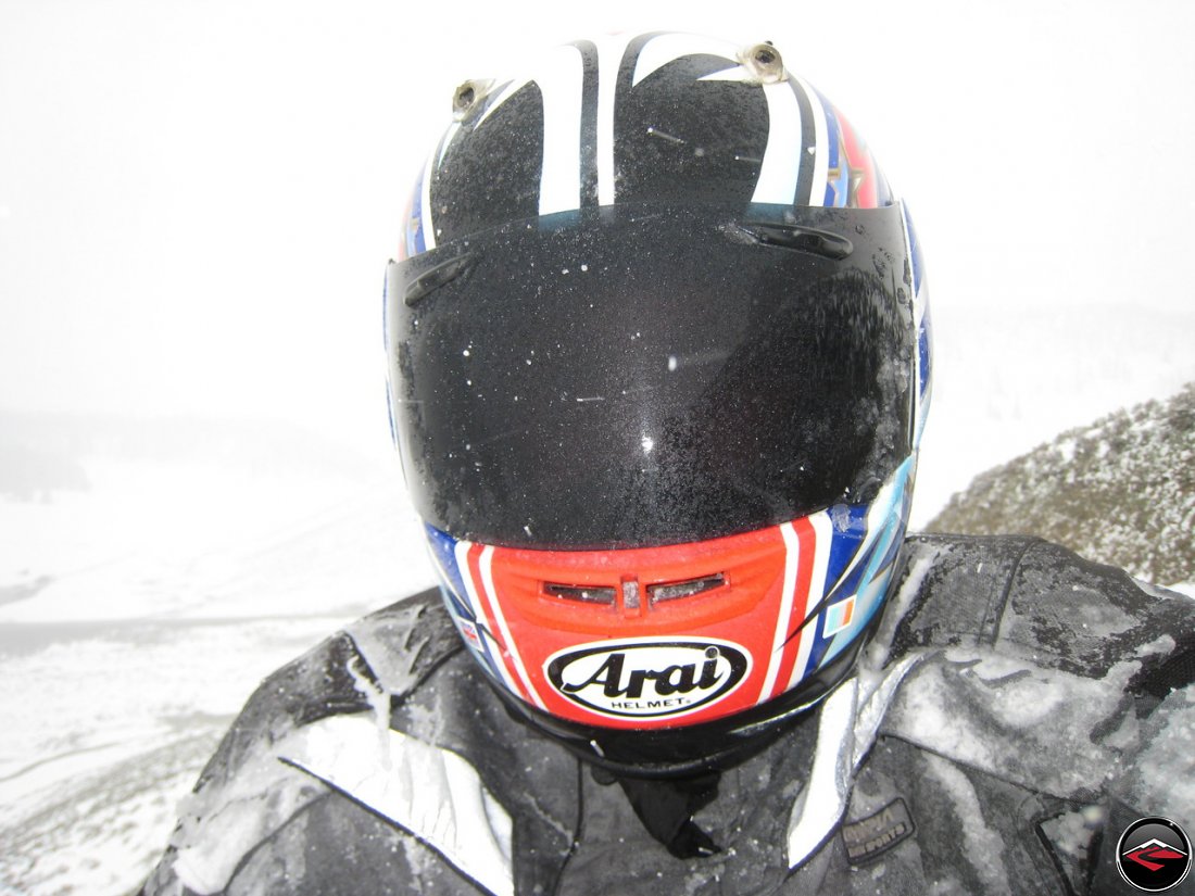 Snow sticking to the riding gear