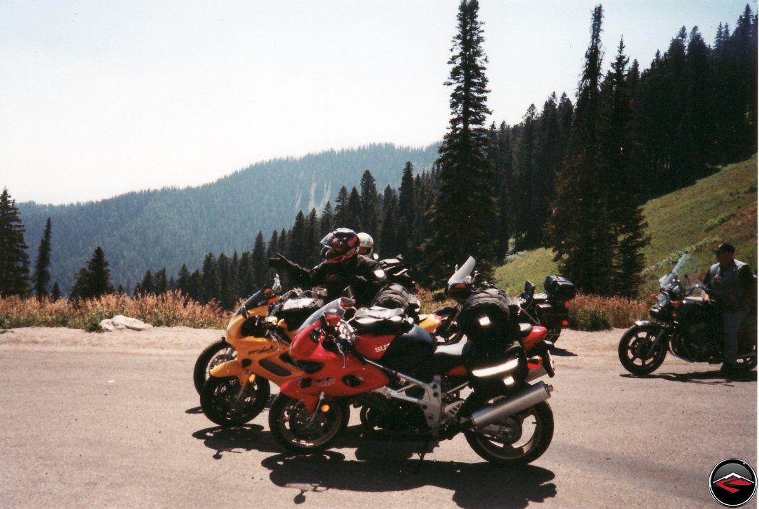 TL1000S and Honda Superhawk motorcycles on top of Teton Pass