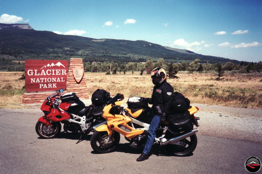 TL1000S and Honda Superhawk motorcycles Entering Glacier National Park