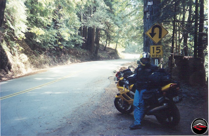 Pretty girl riding her Yellow Honda Superhawk VTR1000 on Fantastic California B-Roads