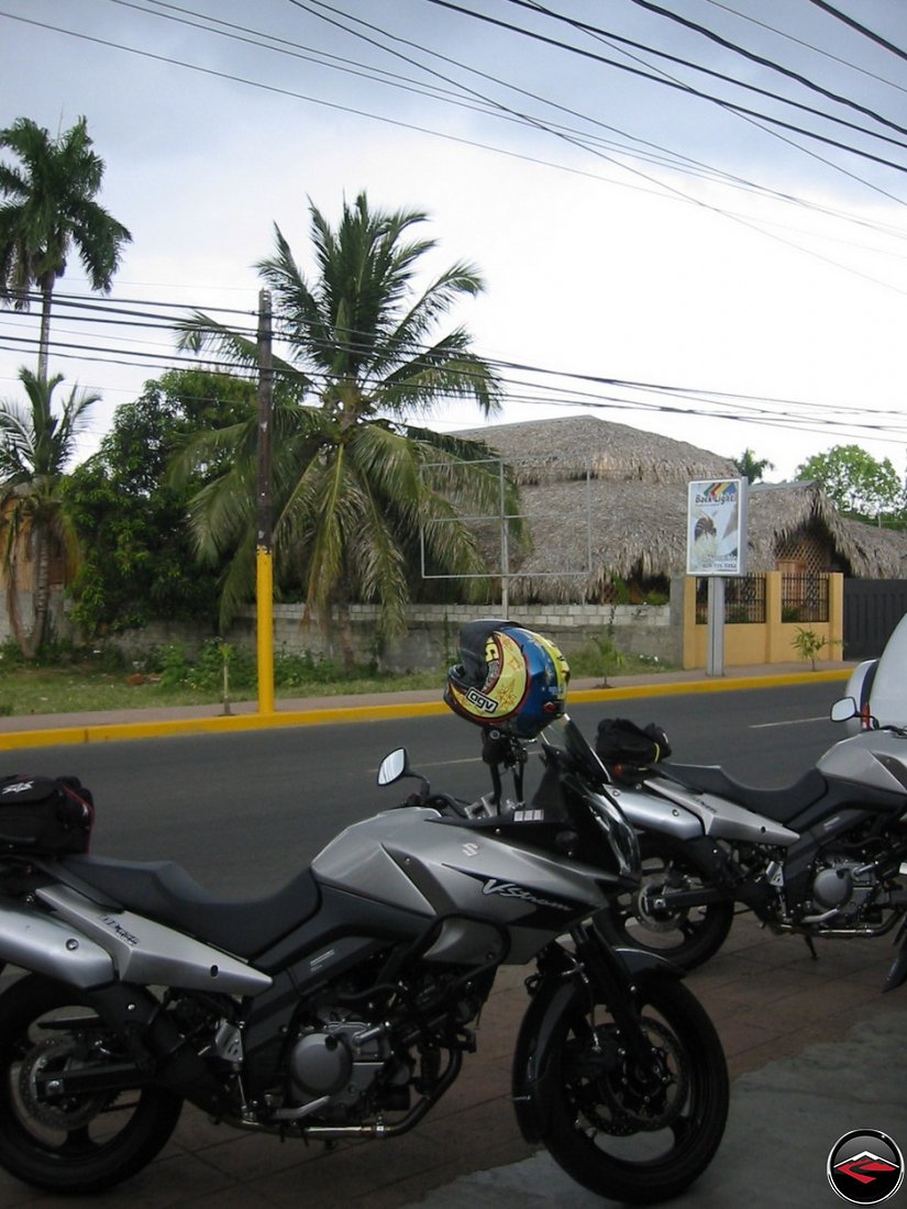 Suzuki V-Strom 650 parked in the street near palm trees