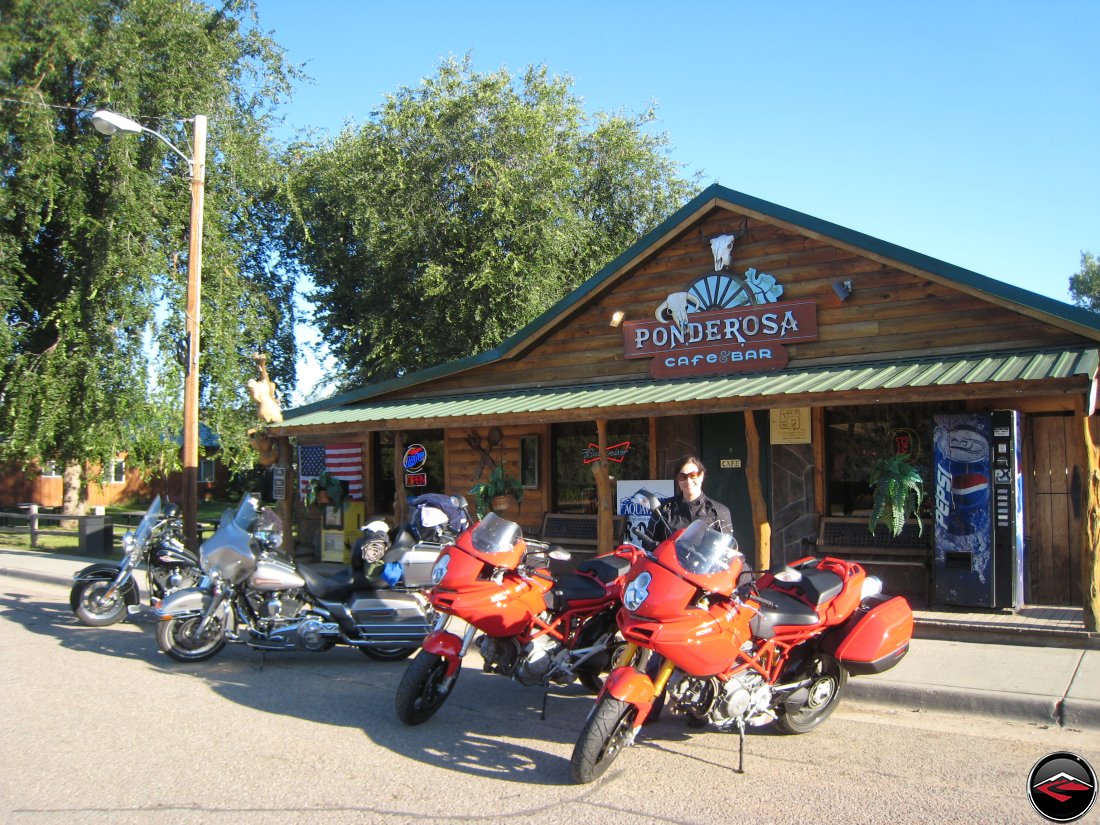 Motorcycles parked in front of the Ponderosa Cafe and Bar in Hulett, Wyoming