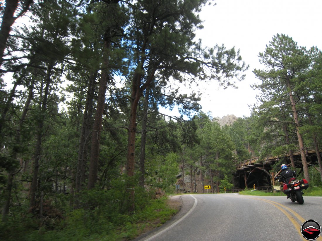 Ducati Multistrada Motorcycle Riding over the Pigtail Bridges on the Norbeck Scenic Byway in South Dakota