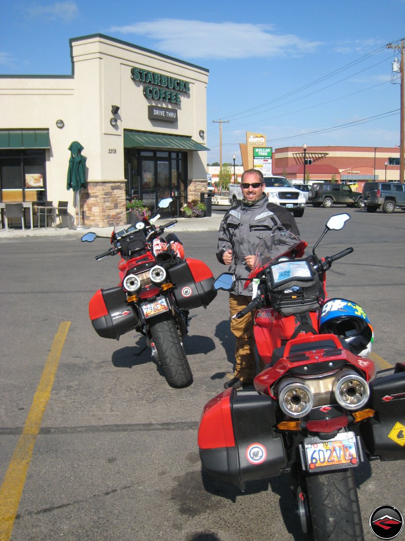 Ducati Multistrada motorcycles stopped in front of Starbucks Coffee in Sheridan Wyoming