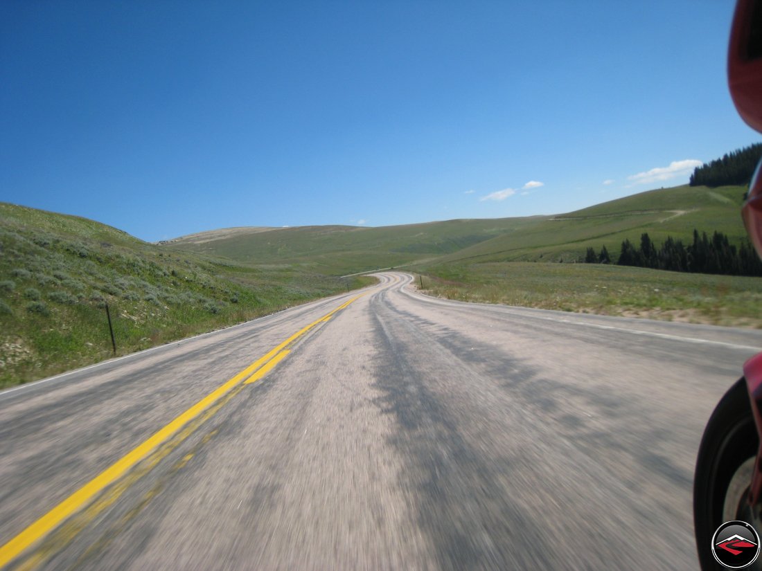 Ducati Multistrada riding over the Big Horn Mountains in Wyoming