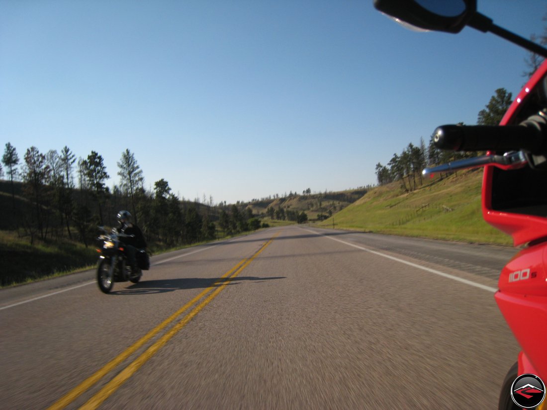 Motorcycles riding near Devils Tower in Wyoming
