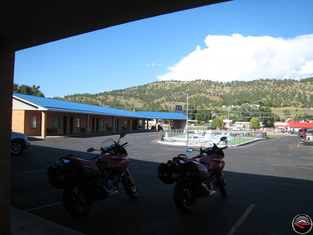 Motorcycles parked in the hotel parking lot in Hot Springs, South Dakota