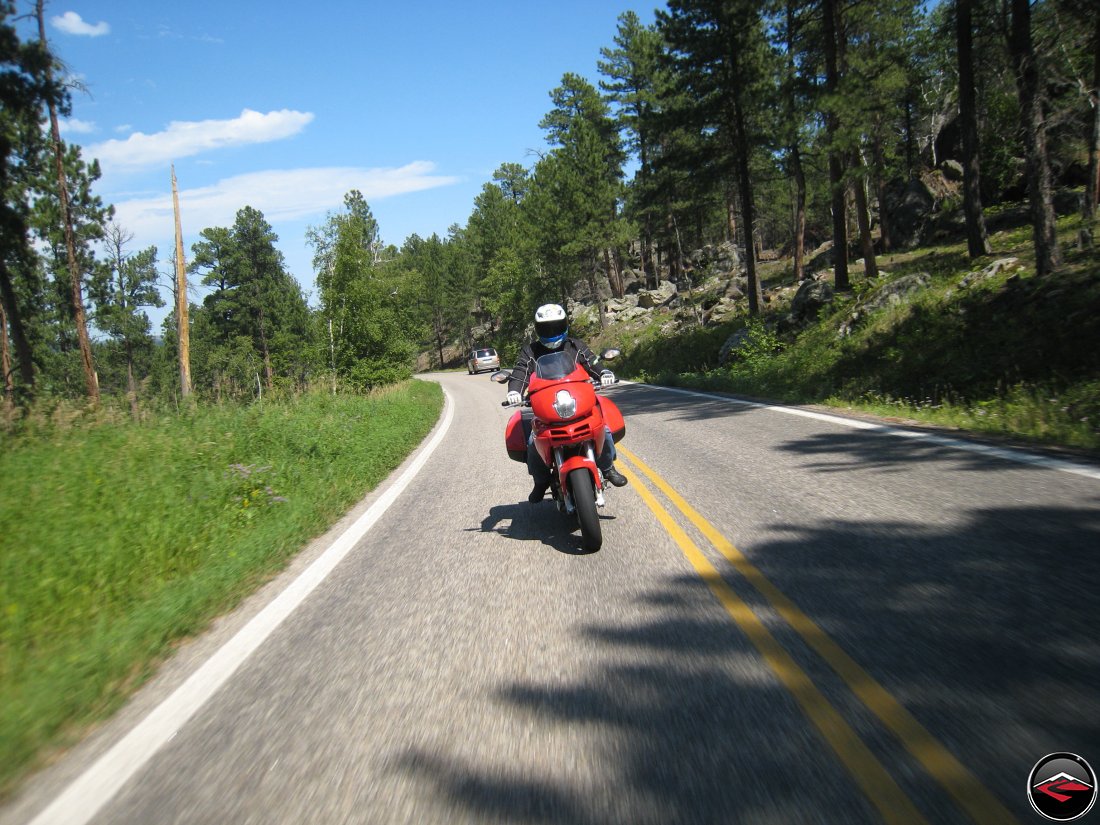 Riding a Ducati Multistrada Motorcycle through the Norbeck Scenic Byway in South Dakota