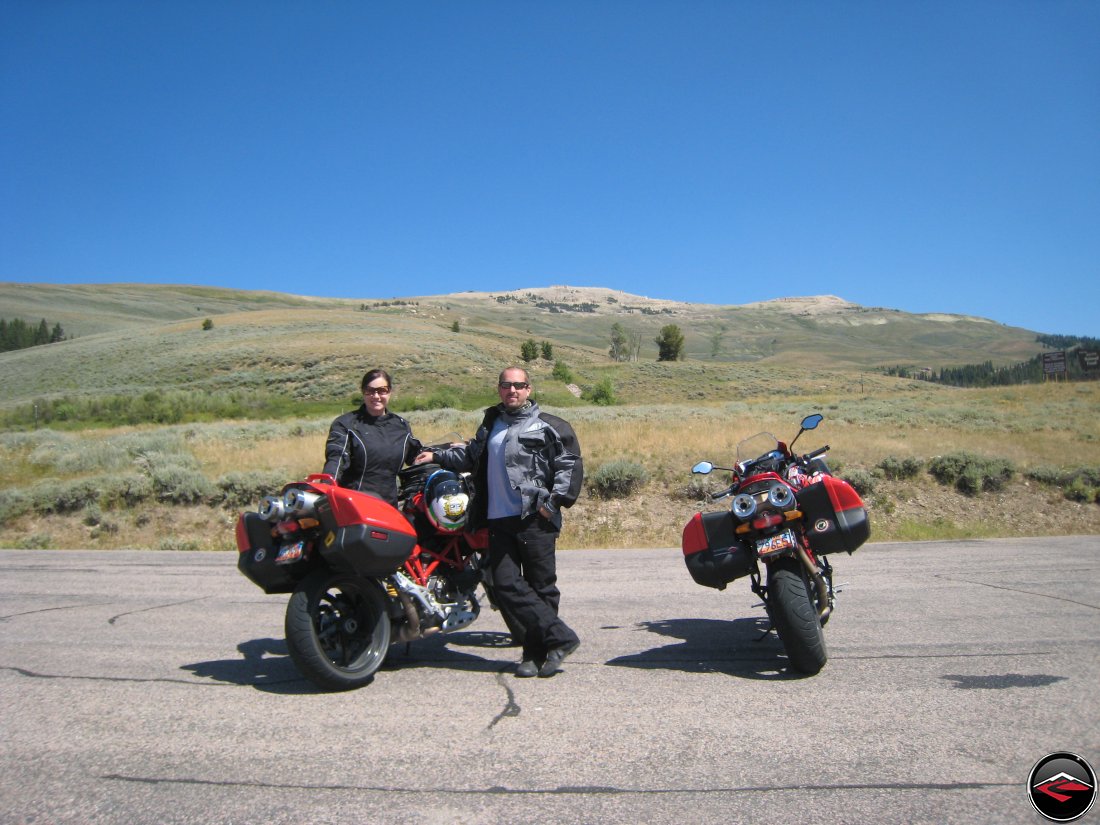 Dave and Kris with their Ducati Multistrada's on top of the Big Horn Mountains