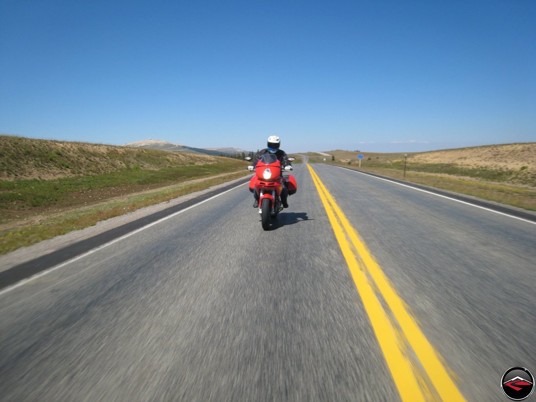 Ducati Multistrada riding over the Big Horn Mountains in Wyoming