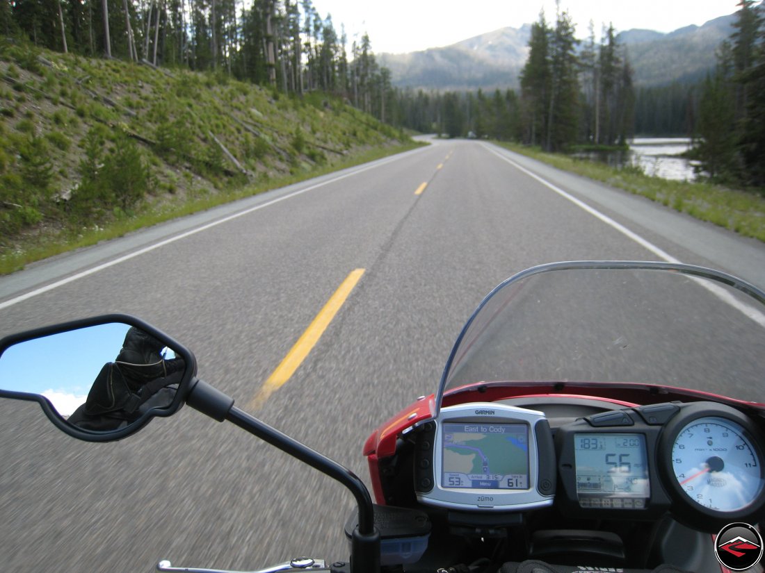 Ducati Multistrada guages with GPS riding east to Cody Wyoming inside of Yellowstone National Park