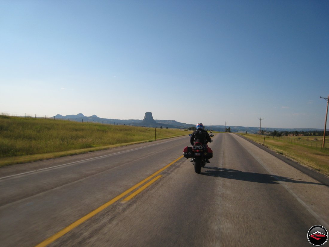 Ducati Multistrada nearing Devils Tower in Wyoming