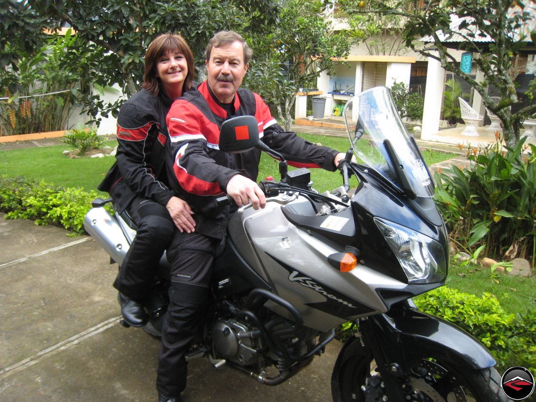 Don and Shirly, two-up on a Suzuki V-Strom 650