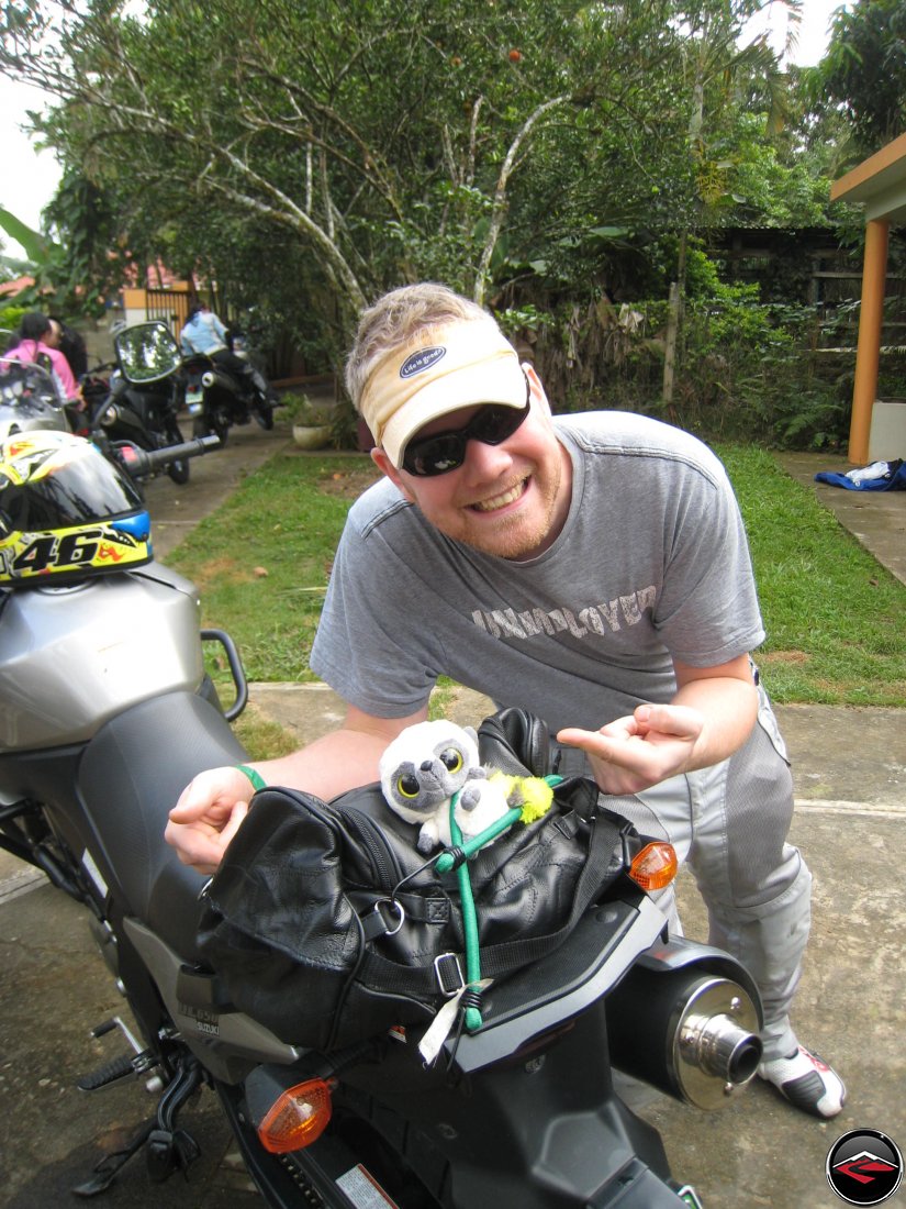 Packing a stuffed animal named Stuart on the back of a Suzuki V-strom 650