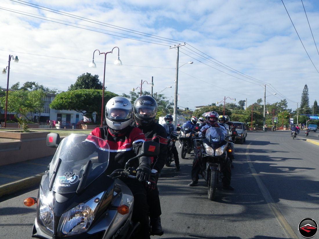 Motorcycles stopped in traffic in Moca Domincan Republic