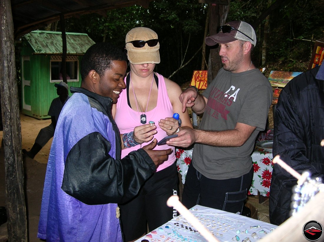 woman purchasing a larimar ring Cascada El Limon Dominican Republic