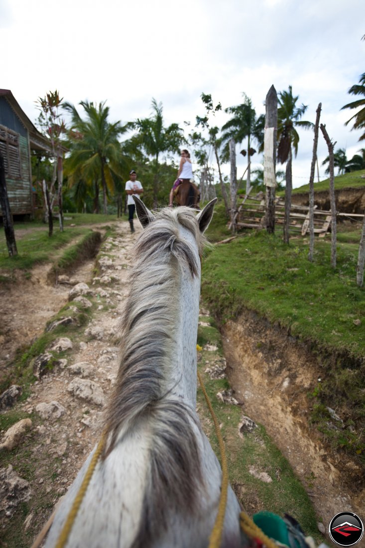 view from the saddle of a horse riding over a ridge on a caribbean island Cascada El Limon Dominican Republic