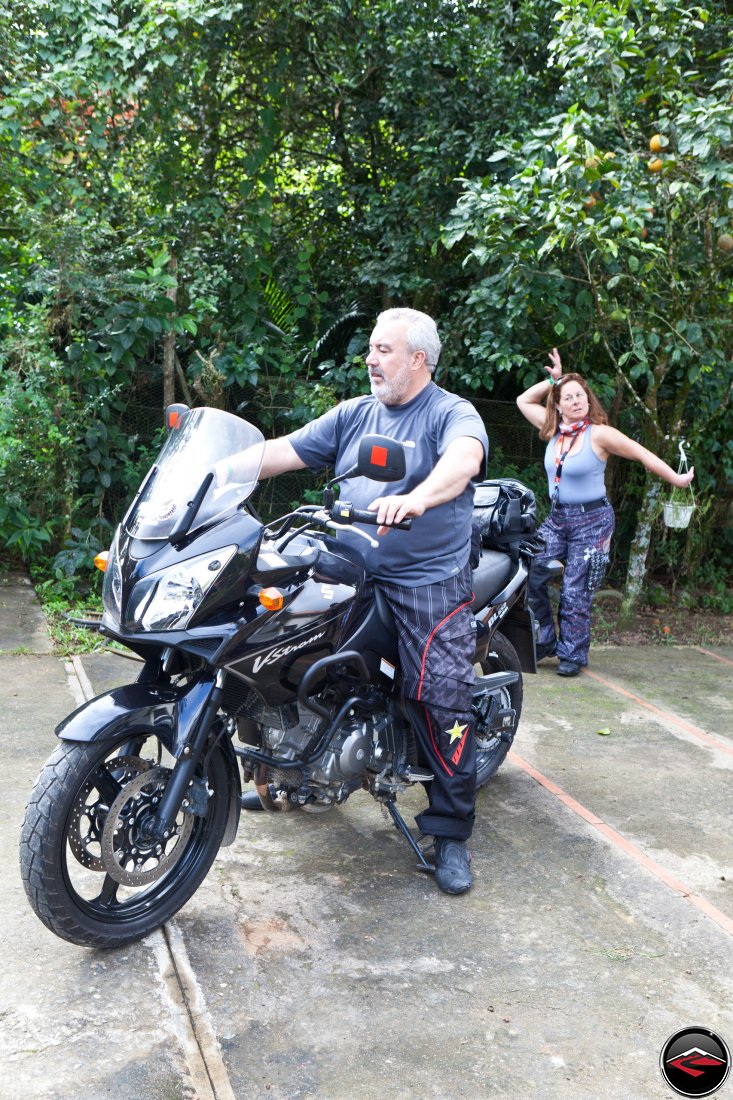 Gary and Phylis making sure the mirrors are adjusted correctly on the Suzuki V-Strom 650