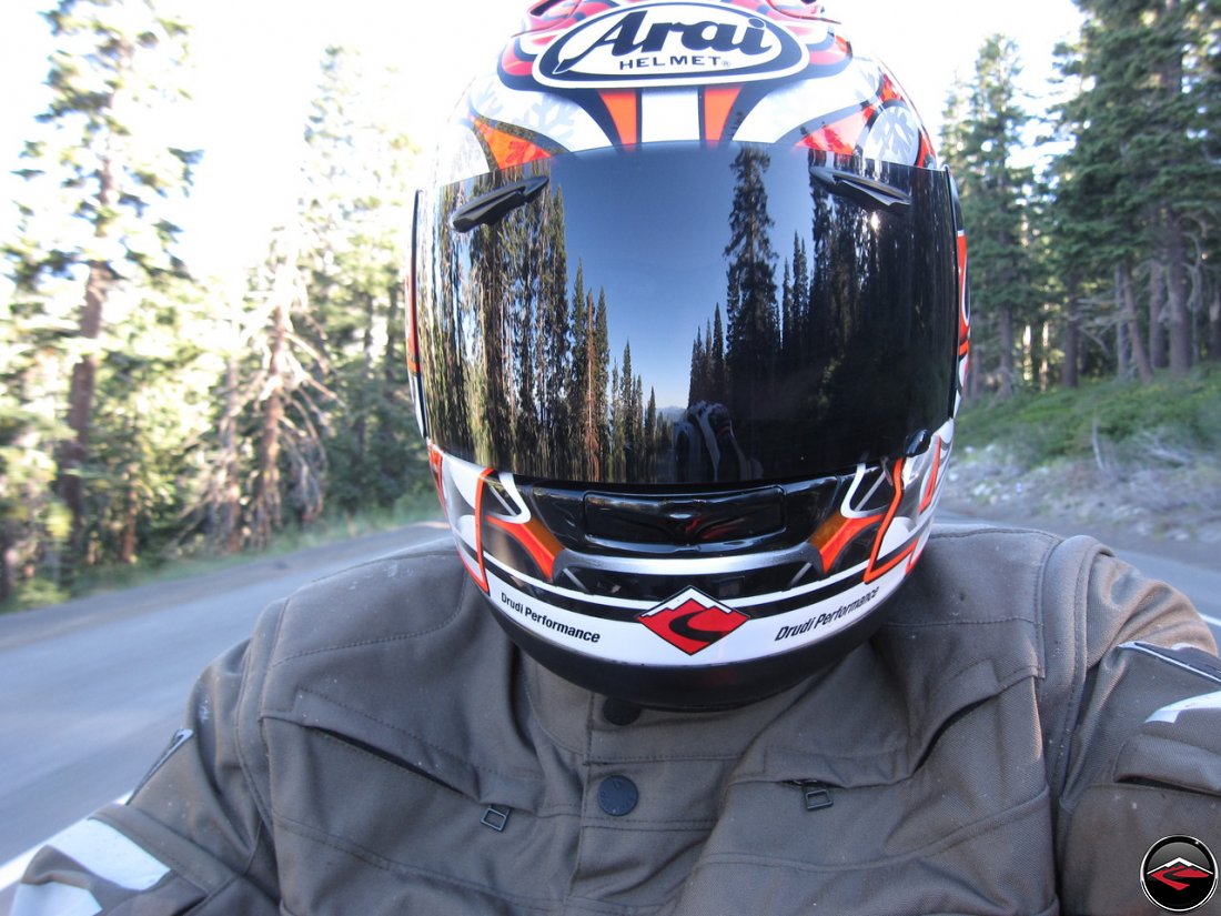 Motorcyclist Selfie, wearing a Haga replica Arai helmet and wearing a Dianese D-Dry Riding Jacket