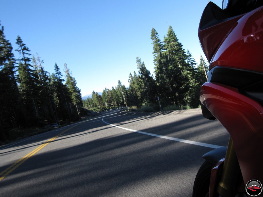 Riding a Ducati Multistrada 1200 through a corner along Nevada Highway 431 near Lake Tahoe