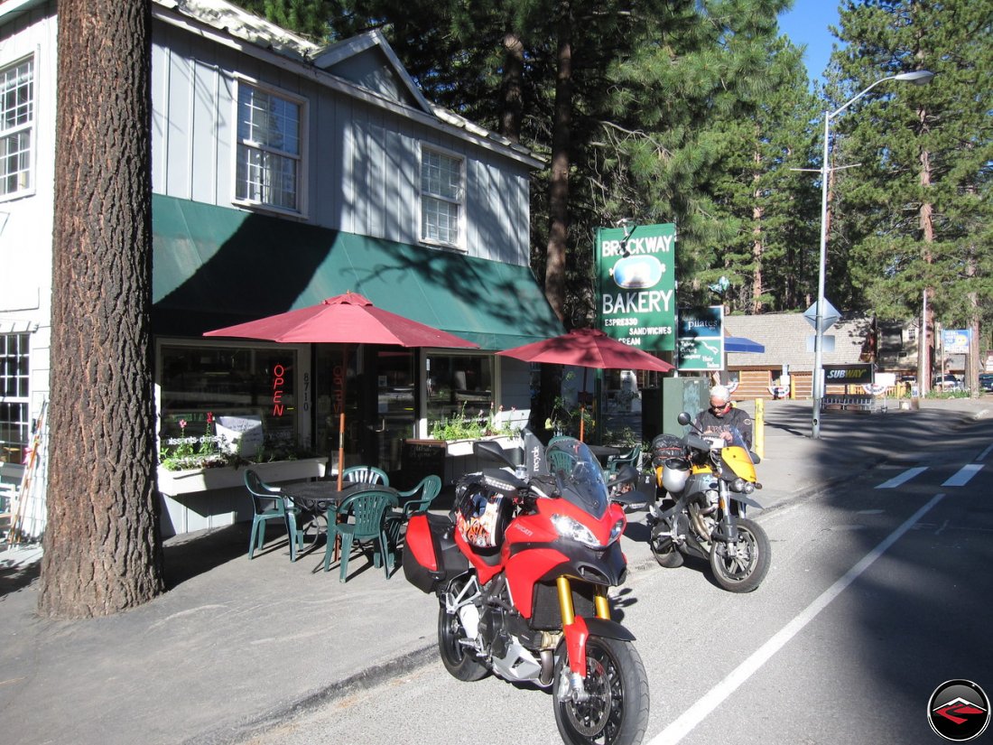 Ducati Multistrada and Buell Ulysses Stopping for Coffee at Brockway Bakery in Lake Tahoe, California