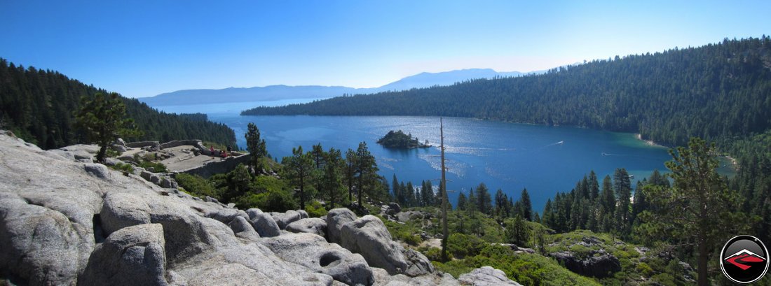 Panorama of Vikingsholm viewpoint, overlooking Emerald Bay, Fanette Island, Lake Tahoe and the Tea House