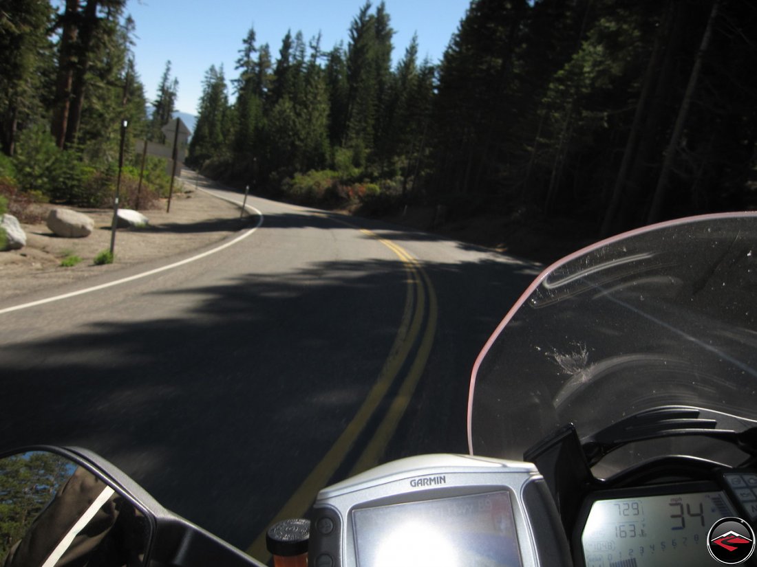 Riding a Ducati Multistrada 1200 along California Highway 89, Luther Pass Road, just south of Lake Tahoe