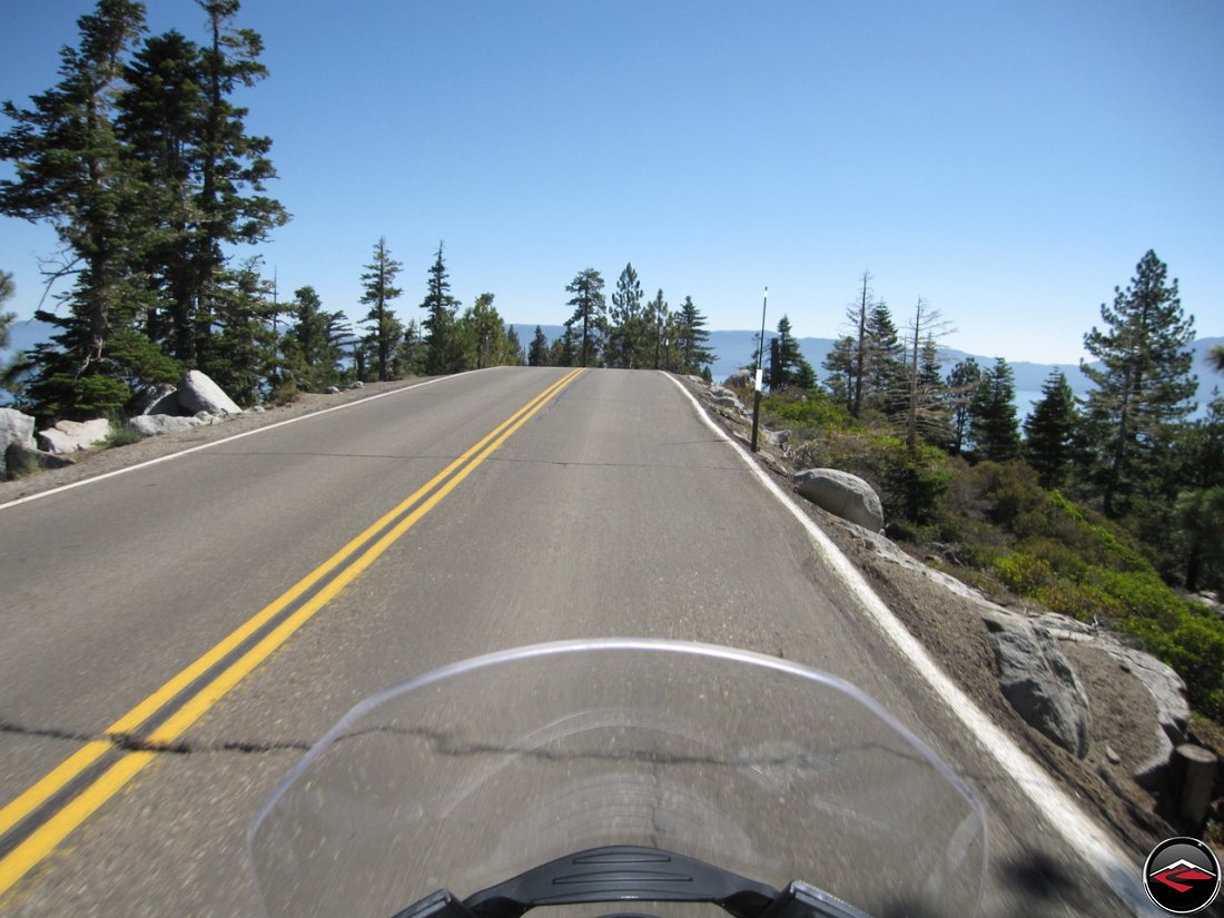 Not much of a shoulder while riding a Ducati Multistrada 1200 along California Highway 89, Emerald Bay Road, along Lake Tahoe