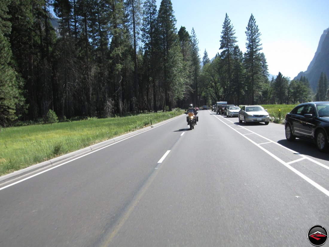 Tom riding his Buell Ulysses into Yosemite National Park along Southside Drive