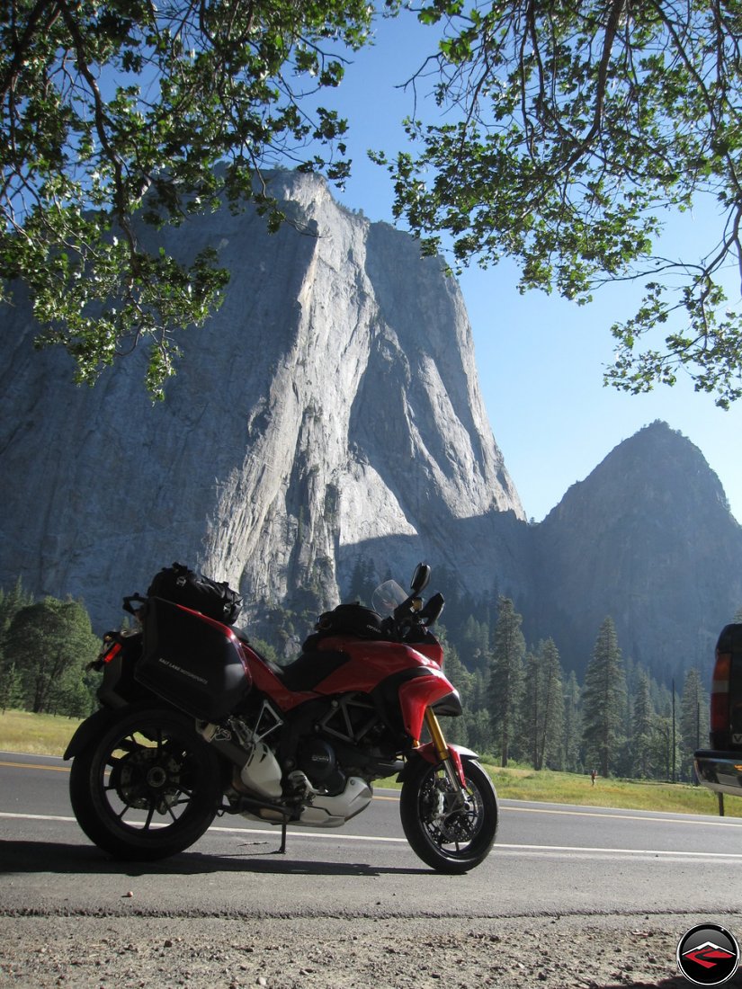 Ducati Multistrada 1200 in California's Yosemite National Park, in front of El Capitan, Kriega US-20 tailbag