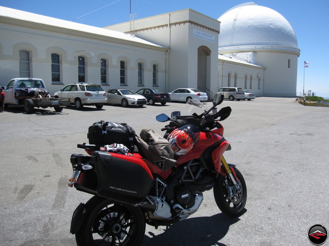 Ducati Multistrada 1200 Parked at Lick Observatory, on top of Hamilton Mountain witha Kriega US-20 tailbag, Garmin Zumo 450, Haga Replica Arai Helmet, Ducati Performance Saddlebags, Dianese D-Dry Coat and Dianese Gloves.