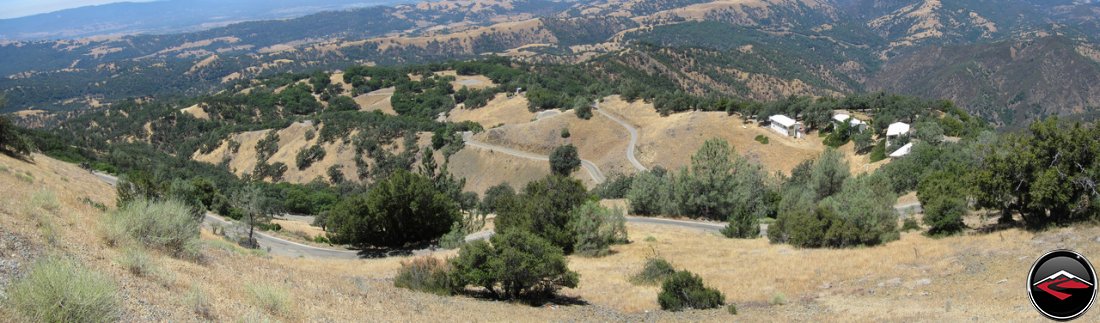 Scenic Panorama overlook of all the twists, turns and bends of California Highway 130, Mt. Hamilton Road, from the Lick Observatory on top of Hamilton Mountain