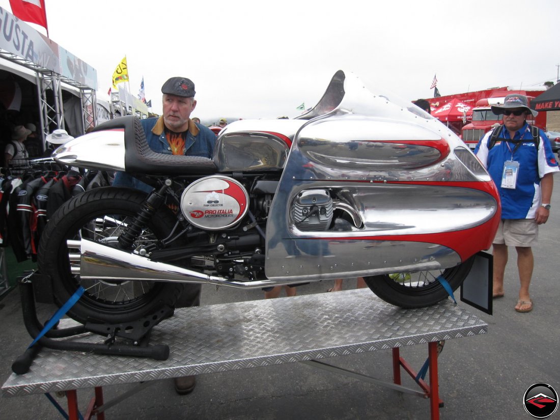 Mazda Laguna Seca Raceway, Moto Guzzi streamlined, vintage race bike by Pro Italia