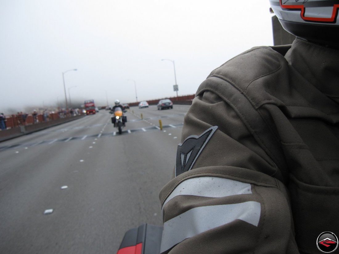 Riding a Ducati Multistrada 1200, being followed by Tom on his Buell Ulysses, crossing the Golden Gate Bridge in the fog. Wearing a Dianese D-Dry Motorcycle Coat