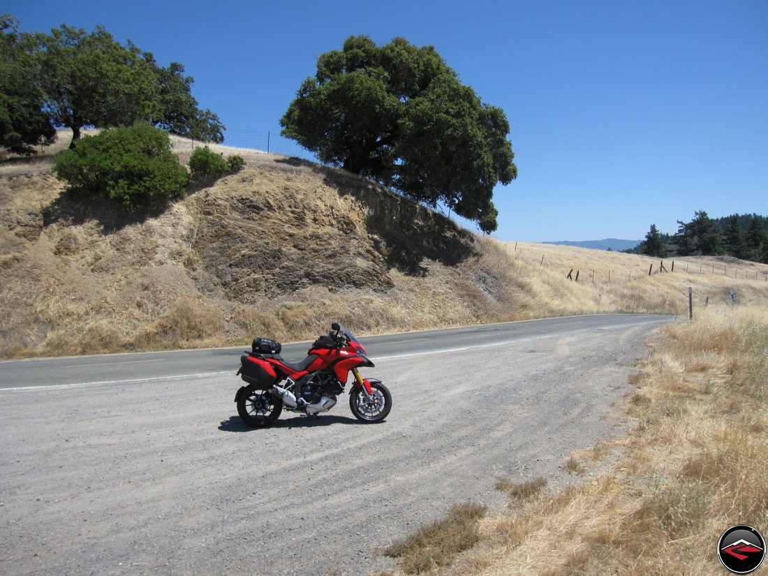 Ducati Multistrada 1200 parked in a pullout along California Highway 253, Boonville Road