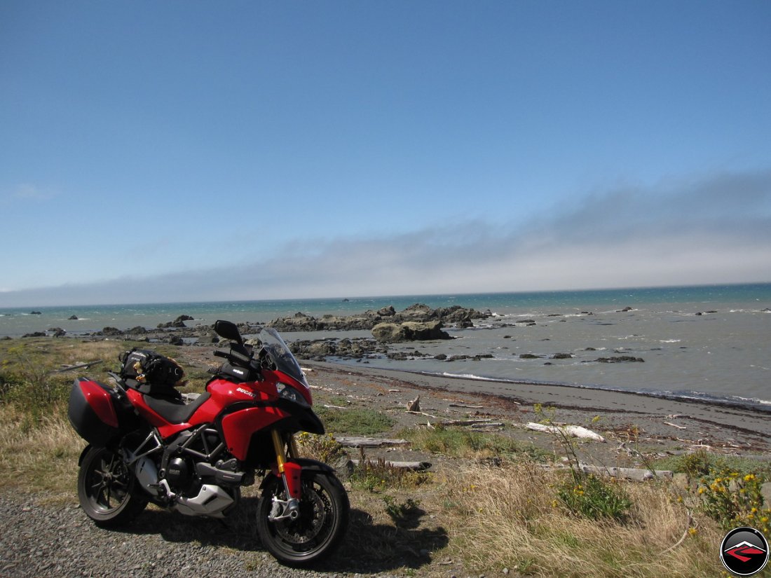 A Ducati Multistrada 1200 parked in a pullout along The Lost Coast of Northern California