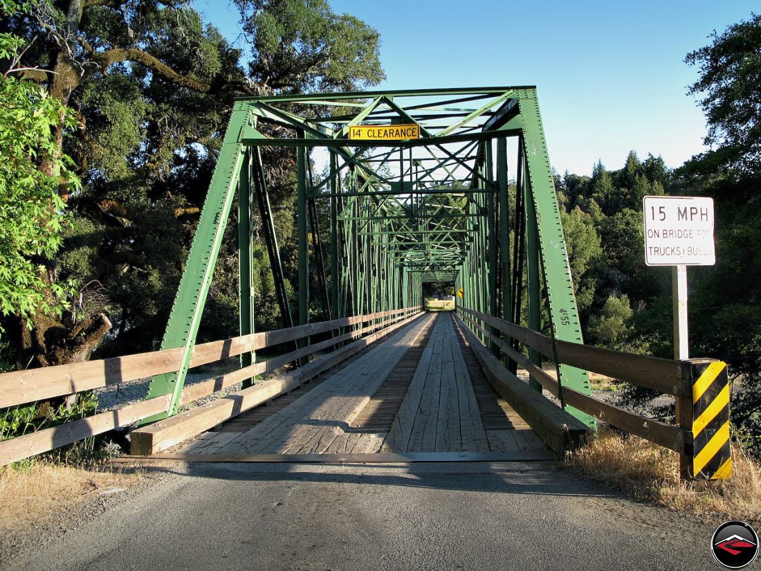 The single-lane Lost Coast Bridge, with wood decking in California, near Garbervielle