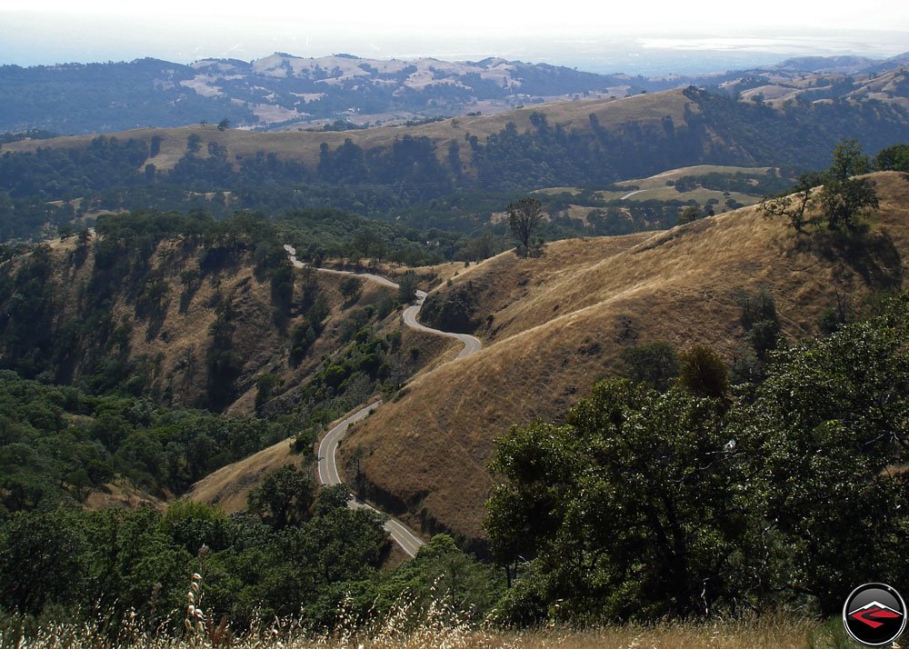 Scenic overlook of all the twists, turns and corners of California Highway 130, San Antonio Valley Road, near the top of Hamilton Mountain