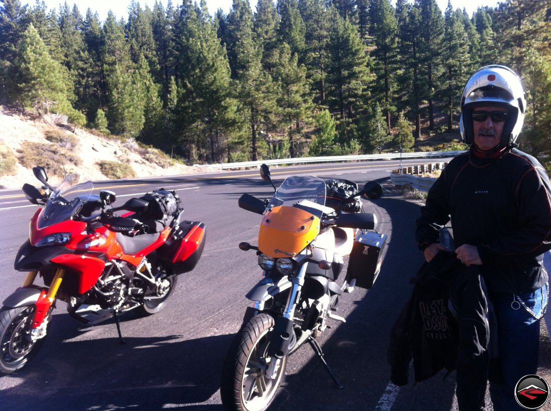 Ducati Multistrada 1200 and Buell Ulysses in a pullout on Nevada Highway 431, Mt. Rose Highway