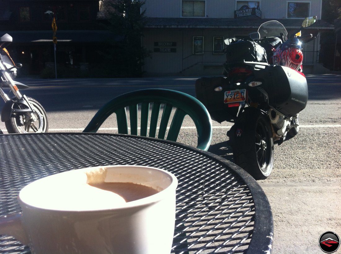 Drinking Coffee at Brockway Bakery in Lake Tahoe, California while looking at a Ducati Multistrada 1200