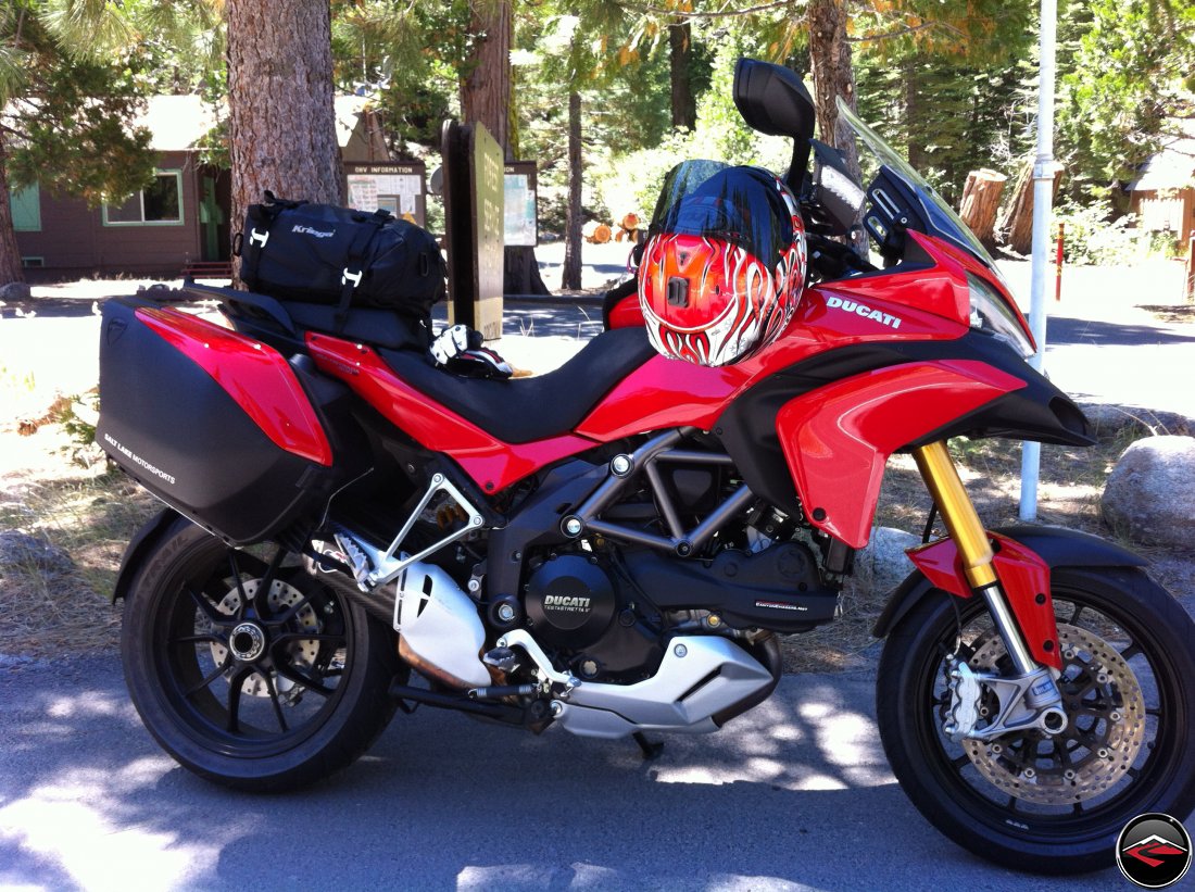 Hero shot of Ducati Multistrada 1200 with luggage, Kriega US-20 tailbag, Haga replica Arai Helmet