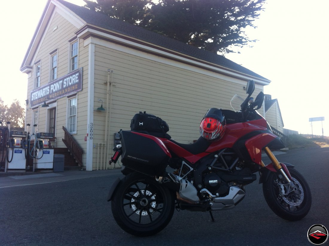 Ducati Multistrada 1200 parked in front of Stewarts Point Store, at teh head of Skaggs Springs Road