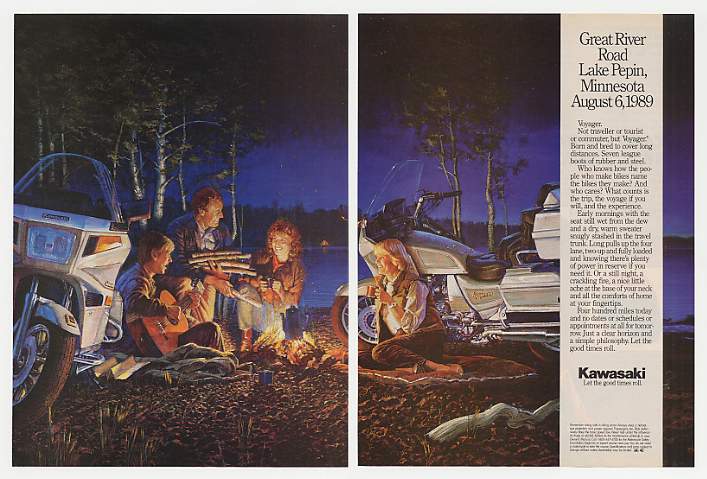vintage Kawasaki magazine ad, Great River Road, Lake Pepin, Minnesota